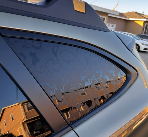 Fierce Beauty – Demon Mask with Flowers Vinyl Decal – Fits Outback-Style Rear Quarter Window (2010–2025)