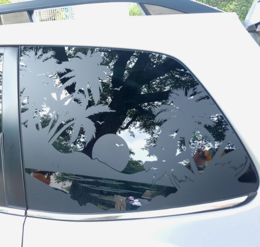Tropical Vibes – Palm Trees & Sunset Vinyl Decal – Fits Forester Quarter Window (2009–2026)