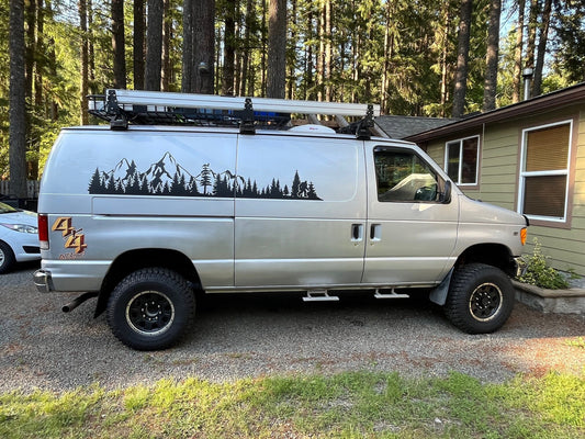 Sasquatch Mountain Trees Side Panel Decal – Adventure Vinyl Graphic for Cars, Trucks, SUVs & Vans