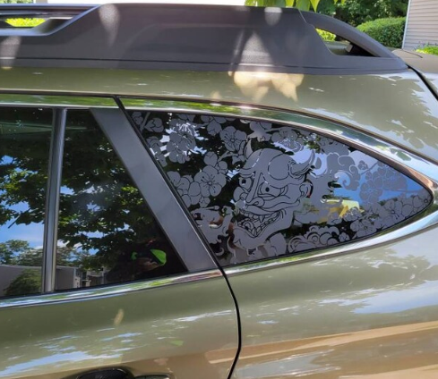 Oni Demon Samurai Mask Decal – Fits Outback-Style Rear Quarter Window (2010–2025)