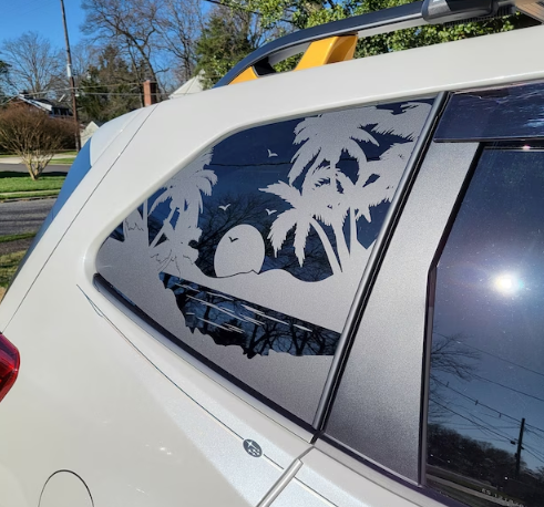 Tropical Vibes – Palm Trees & Sunset Vinyl Decal – Fits Forester Quarter Window (2009–2026)