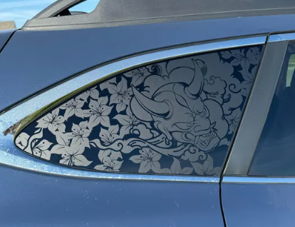 Fierce Beauty – Demon Mask with Flowers Vinyl Decal – Fits Outback-Style Rear Quarter Window (2010–2025)