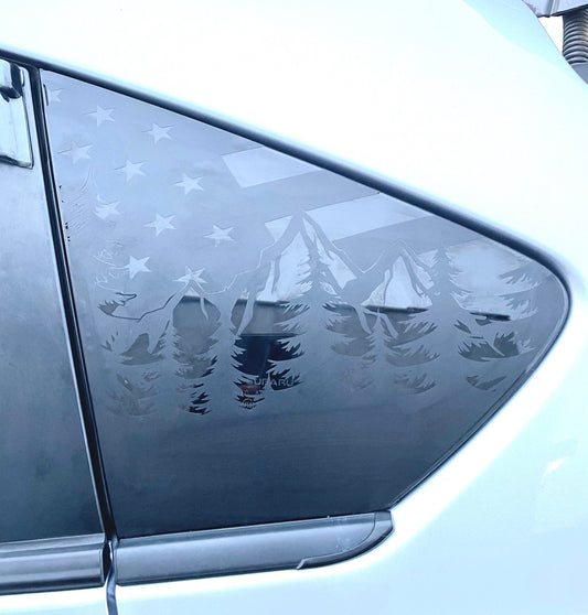 American Flag Mountain Trees Quarter Window Decal – Compatible with Subaru Crosstrek (2012–2026)