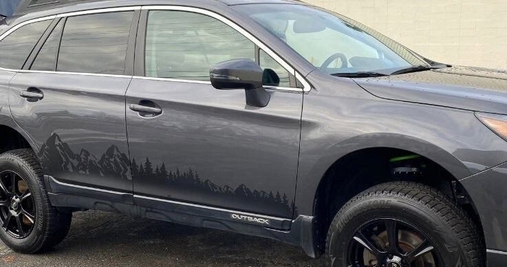 Mountain Adventure Side Panel Decal – Forest Landscape Vinyl Graphic with Tree Silhouette