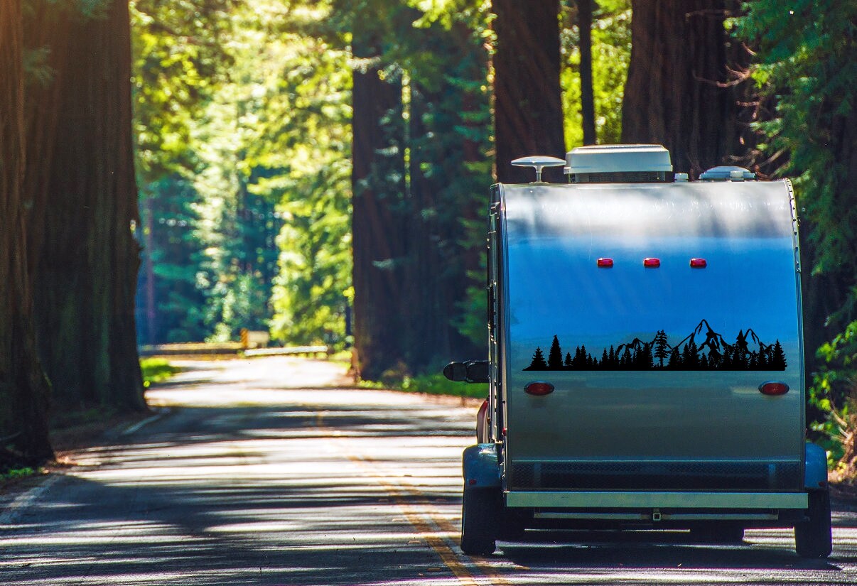 Sasquatch Mountain Trees Side Panel Decal – Adventure Vinyl Graphic for Cars, Trucks, SUVs & Vans