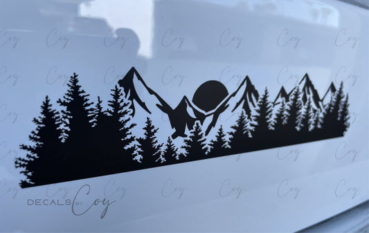 Sun Mountain & Fir Tree Vinyl Decal – Waterproof Sticker for Cars, Trucks & SUVs