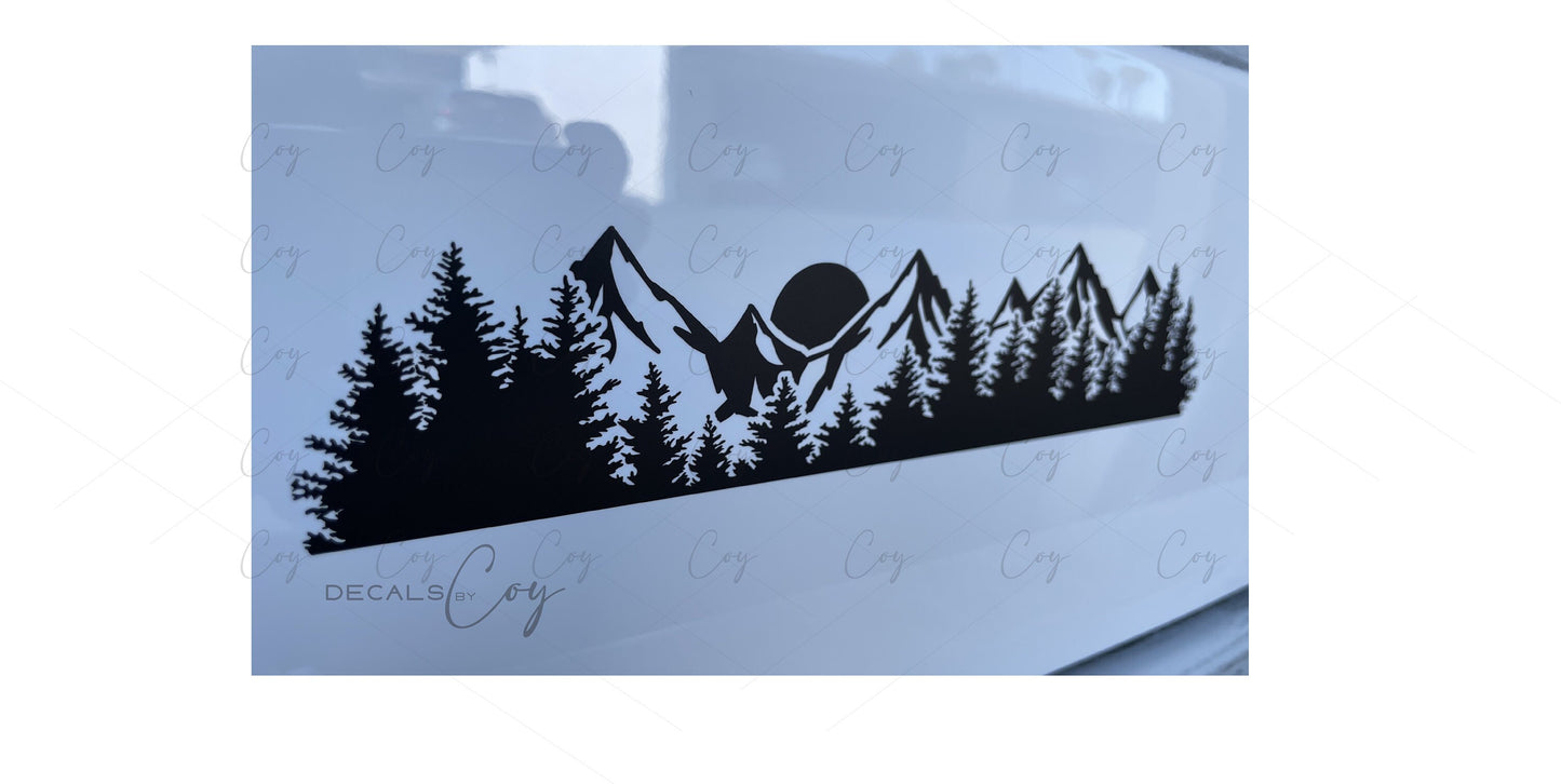 Sun Mountain & Fir Tree Vinyl Decal – Waterproof Sticker for Cars, Trucks & SUVs