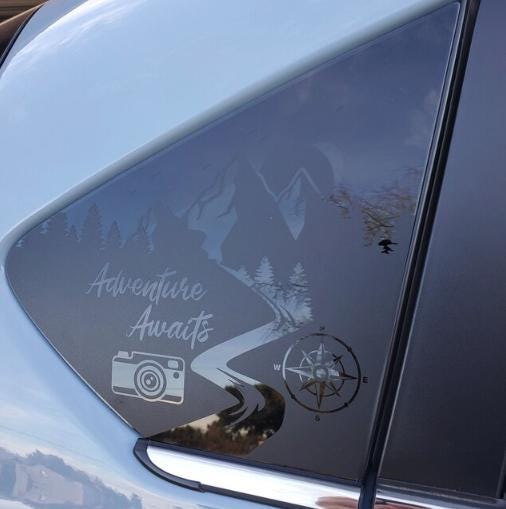 Adventure Awaits with Camera Quarter Window Decal – Compatible with Subaru Crosstrek (2012–2027)
