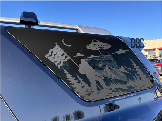 Bigfoot UFO American Flag Quarter Window Decal – Compatible with Toyota 4Runner 2010–2027 | Sasquatch Alien Vinyl Sticker | Pre-Cut Decal