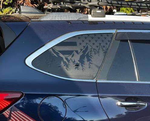 Patriotic American Flag Mountain Trees Quarter Window Decal – Compatible with Subaru Outback (2010–2026)