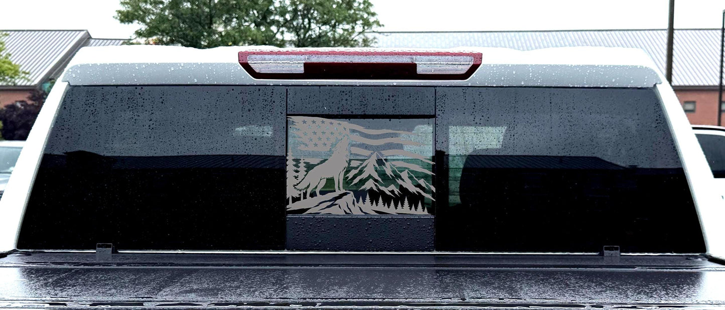Wolf American Flag Mountain Forest Rear Sliding Window Decal – Universal Truck Fit (Trim-to-Fit)
