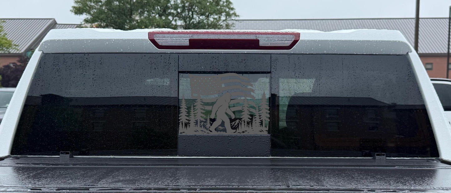 Sasquatch American Flag Rear Sliding Window Decal – Universal Truck Fit
