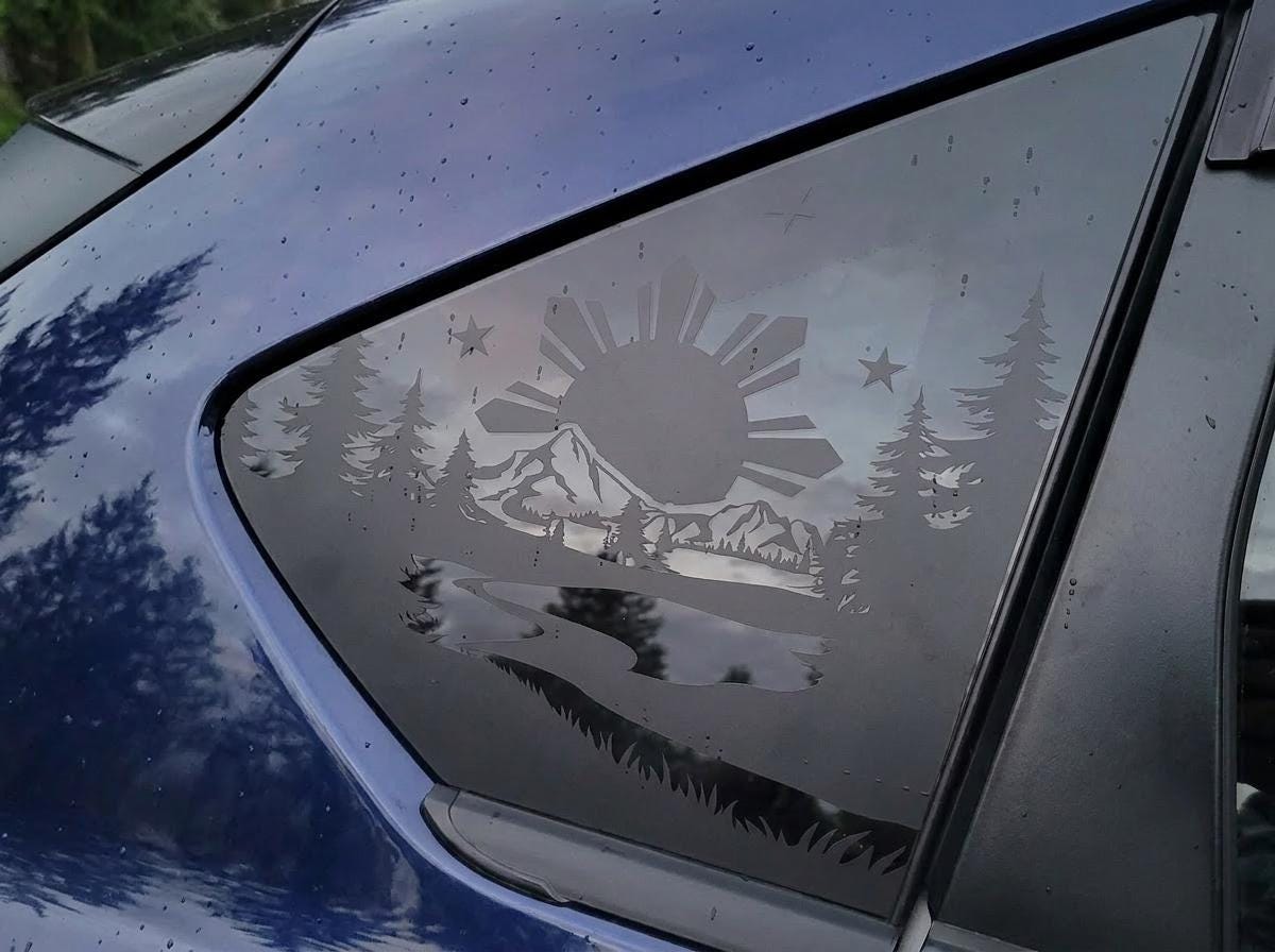 Filipino Sun Mountain Trees Quarter Window Decal – Compatible with Subaru Crosstrek (2012–2027)