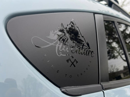 Travel Adventure Mountain Axe Quarter Window Decal Compatible with Subaru Crosstrek 2012–2027