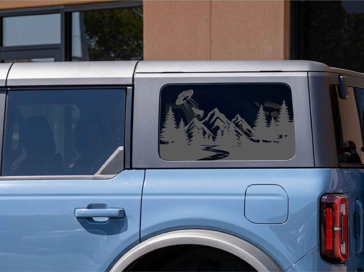 UFO Cow Mountain Quarter Window Decal Compatible with Ford Bronco 4-Door Outer Banks (OBX) 2021–2027