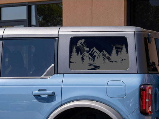 UFO Cow Mountain Quarter Window Decal Compatible with Ford Bronco 4-Door Outer Banks (OBX) 2021–2027