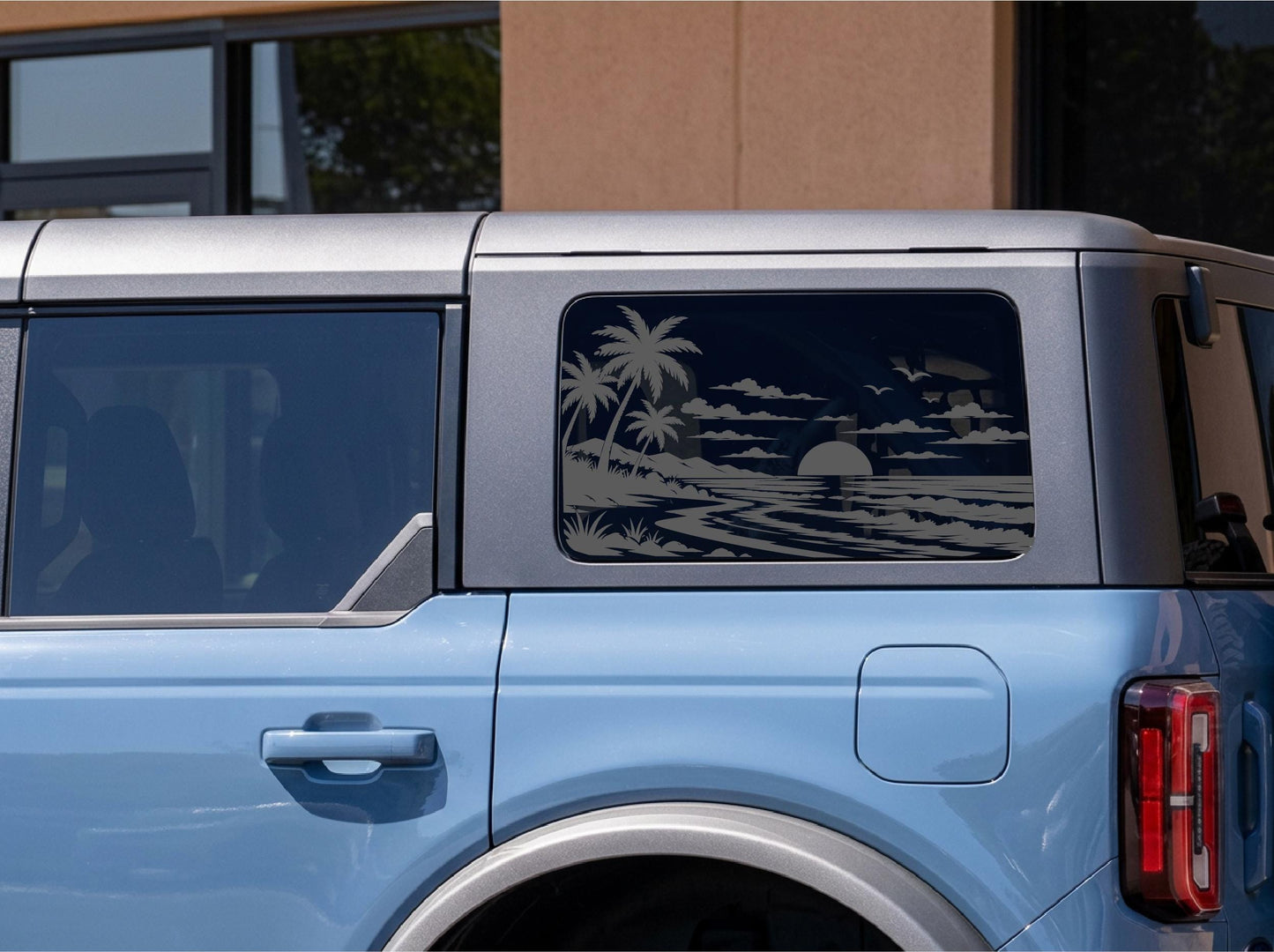 Tropical Beach Sunset Quarter Window Decal – Compatible with Ford Bronco Outer Banks (OBX) 4-Door (2021–2027)