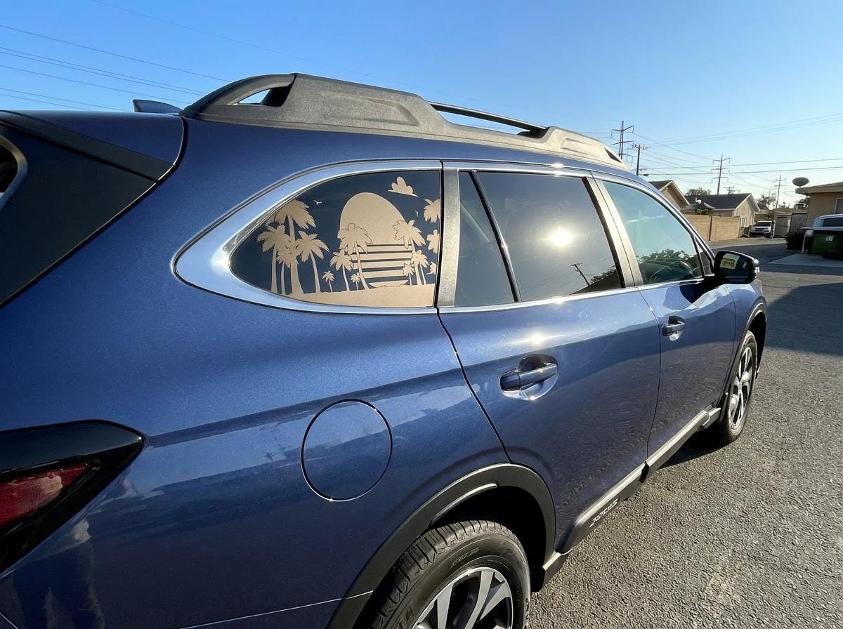 Summer Sunset Palm Trees Quarter Window Decal – Compatible with Subaru Outback (2010–2027)