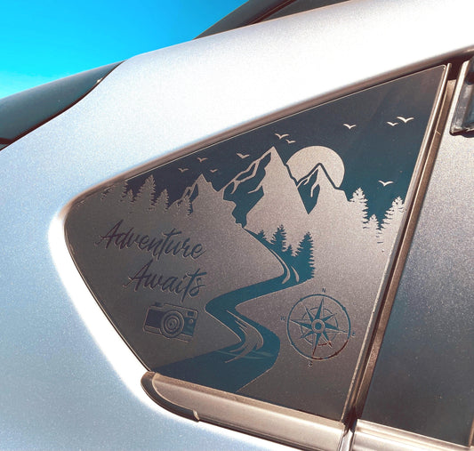 Adventure Awaits with Camera Quarter Window Decal – Compatible with Subaru Crosstrek (2012–2027)