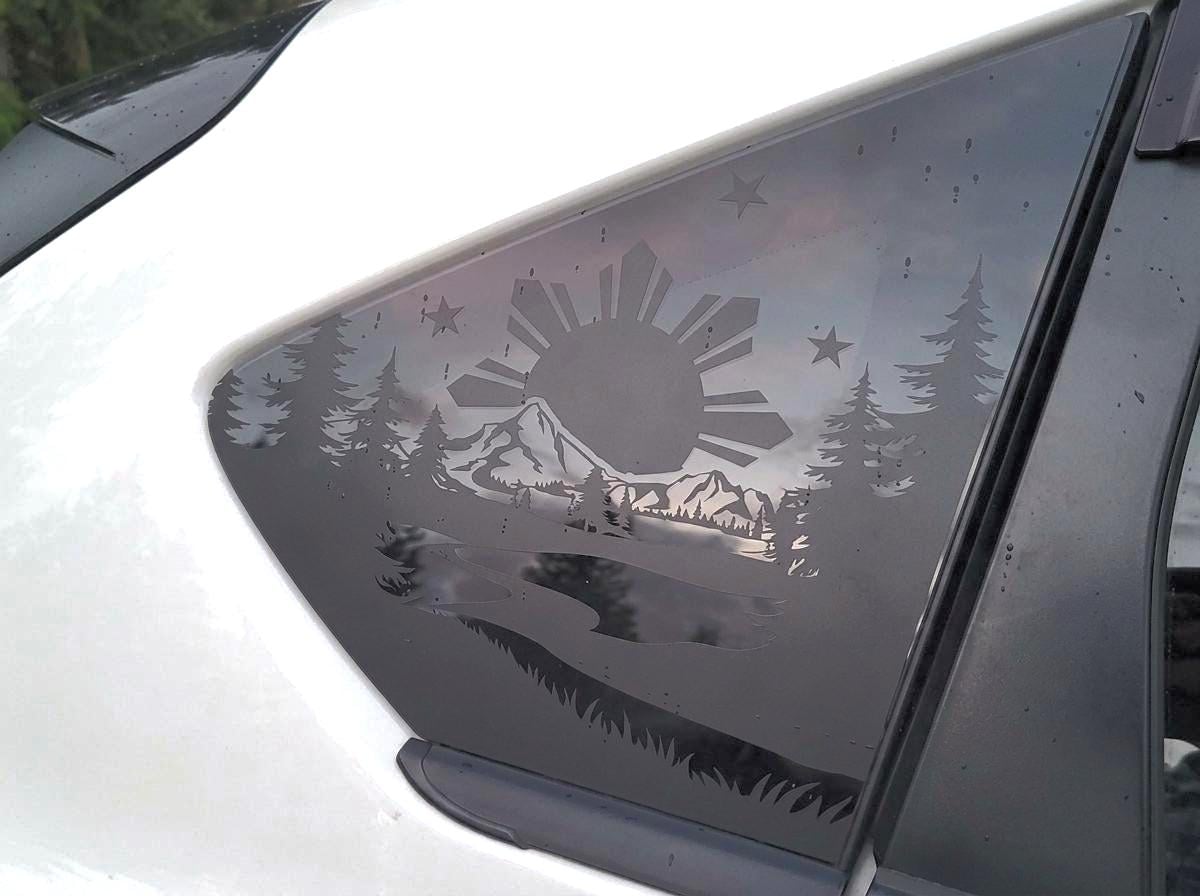 Filipino Sun Mountain Trees Quarter Window Decal – Compatible with Subaru Crosstrek (2012–2027)