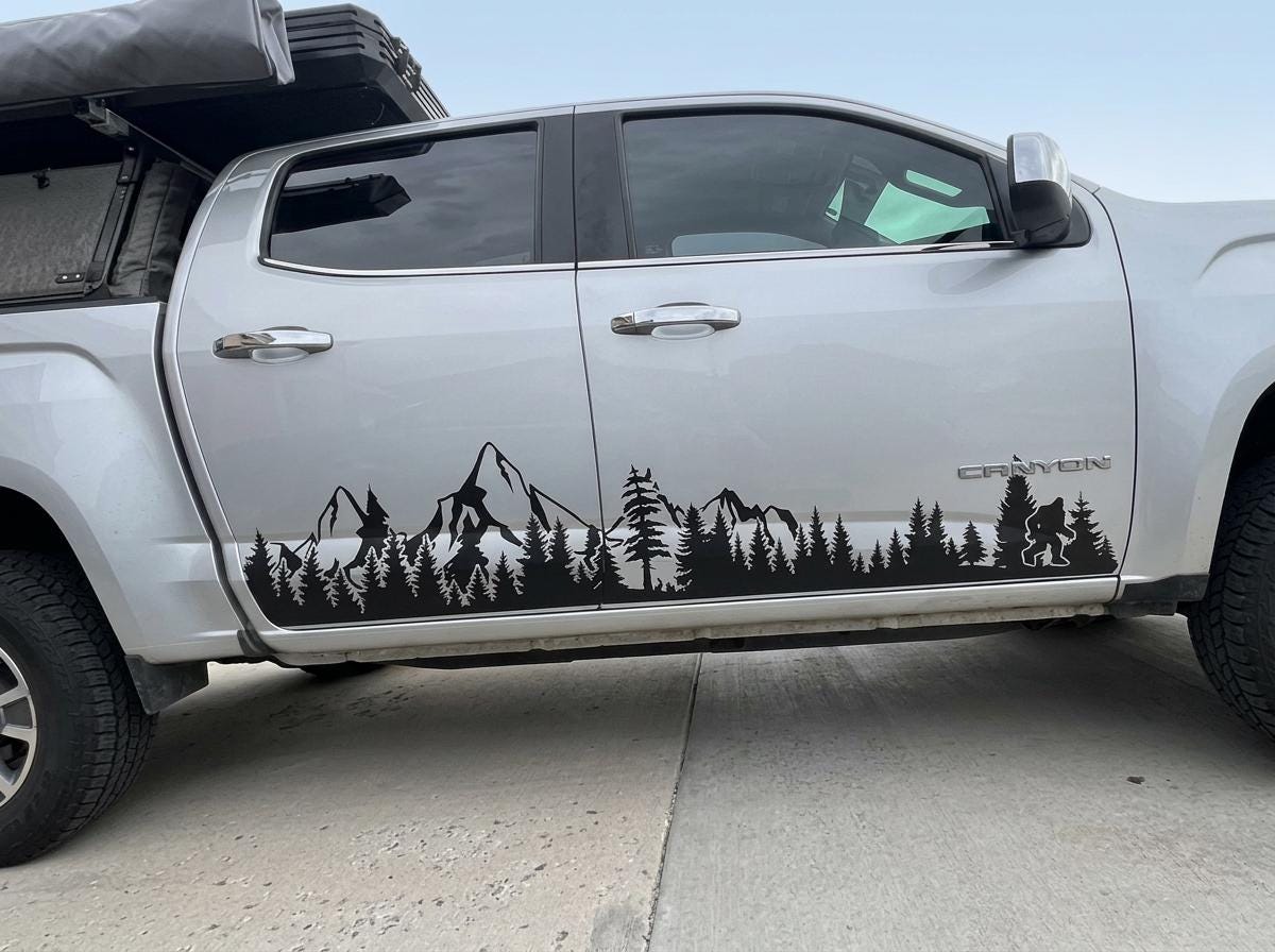 Sasquatch Mountain Trees Side Panel Decal – Adventure Vinyl Graphic for Cars, Trucks, SUVs & Vans