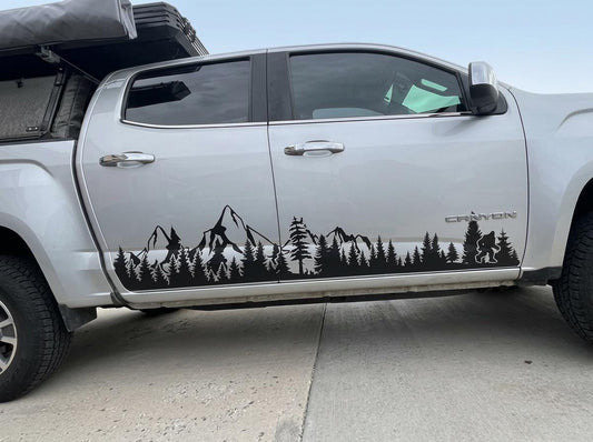 Sasquatch Mountain Trees Side Panel Decal – Adventure Vinyl Graphic for Cars, Trucks, SUVs & Vans