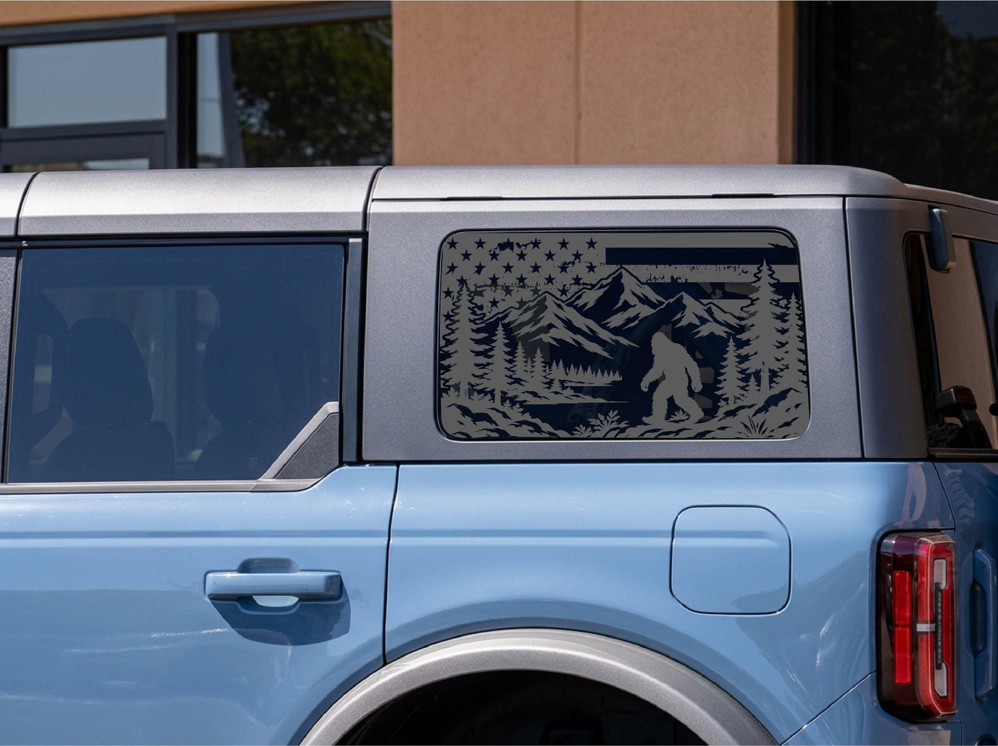Bigfoot American Flag Quarter Window Decal – Compatible with Ford Bronco Outer Banks (OBX) 4-Door (2021–2027)