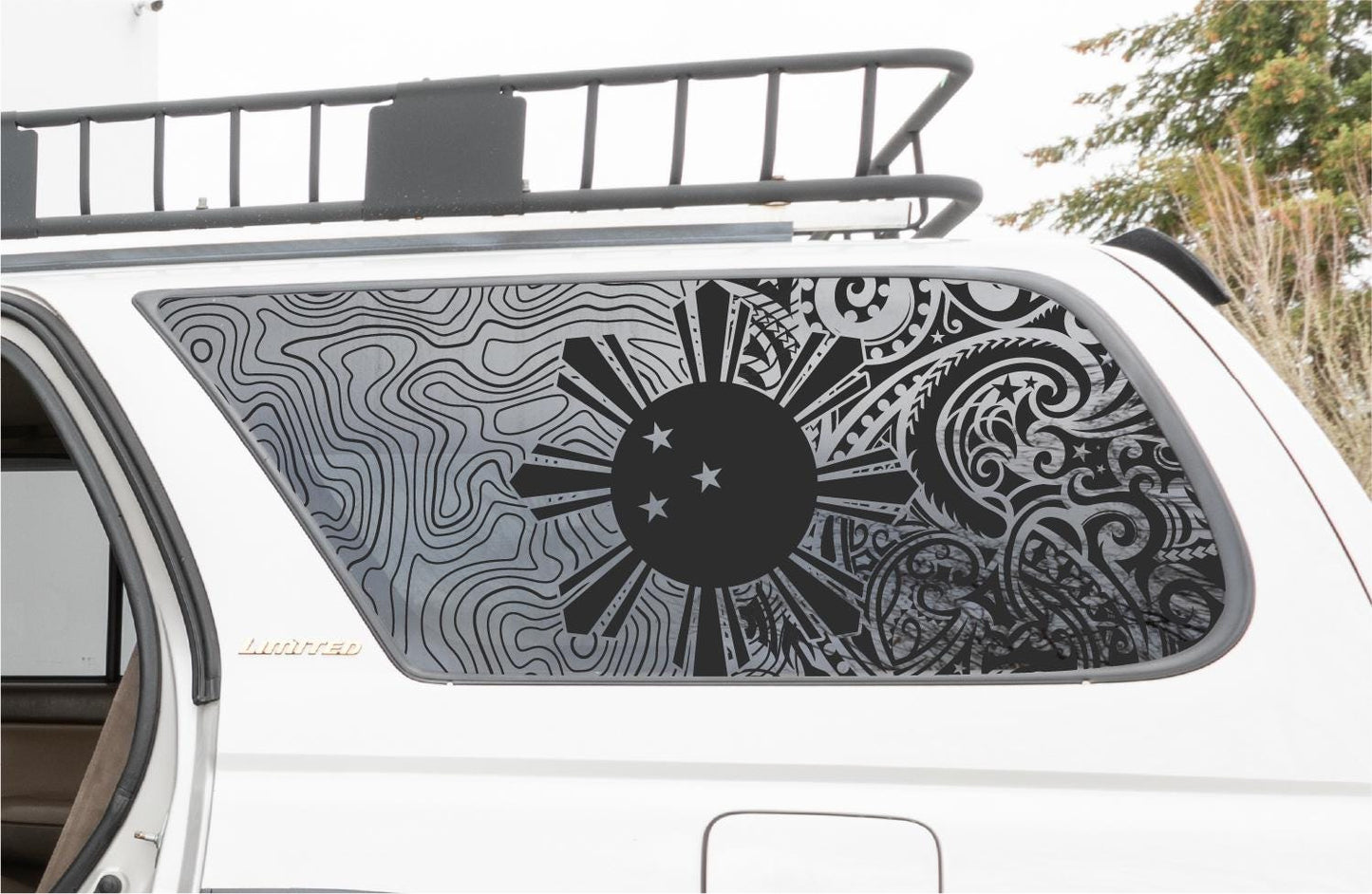 Filipino Tribal Sun Quarter Window Decal – Compatible with Toyota 4Runner (1992–2001)