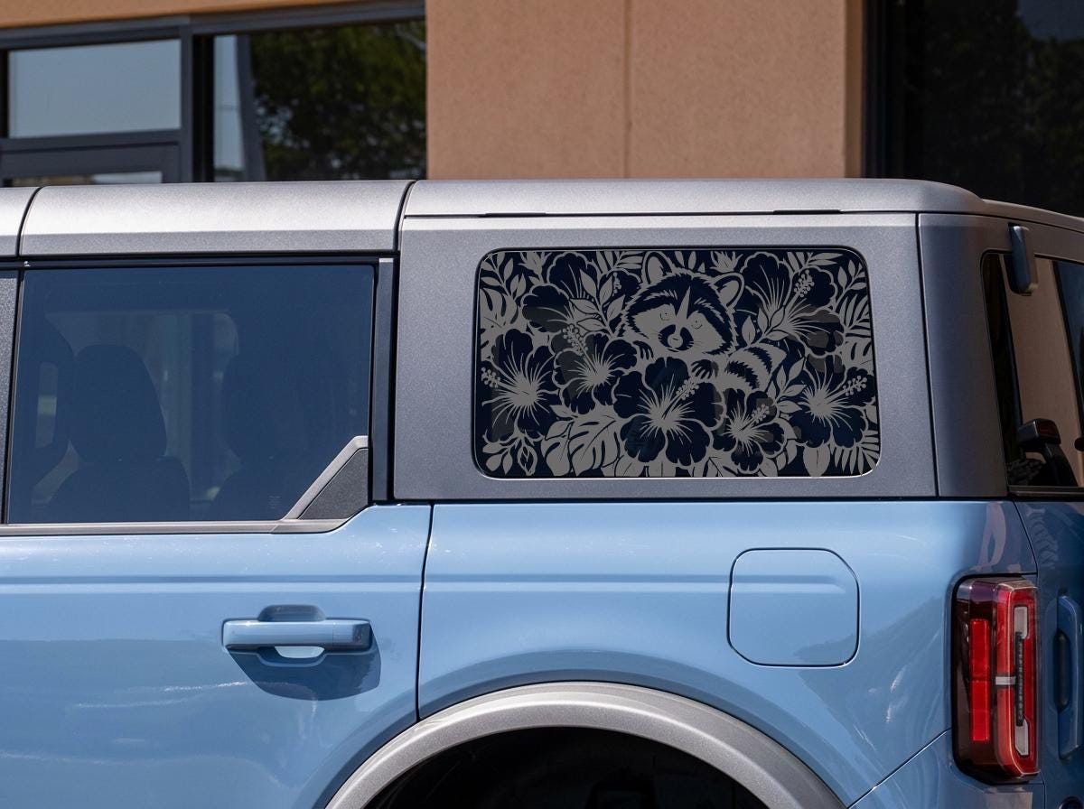 Raccoon Hibiscus Quarter Window Decal – Compatible with Ford Bronco Outer Banks (OBX) 4-Door (2021–2027)
